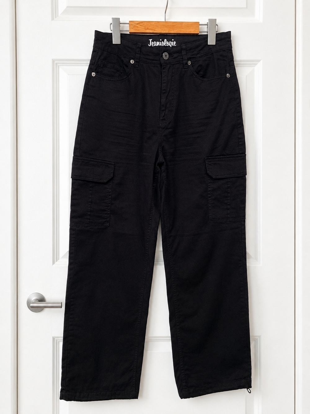 Jeaniologie Black Cargo Wide Leg Pants High Rise Size 6 Adjustable Hem Y2K